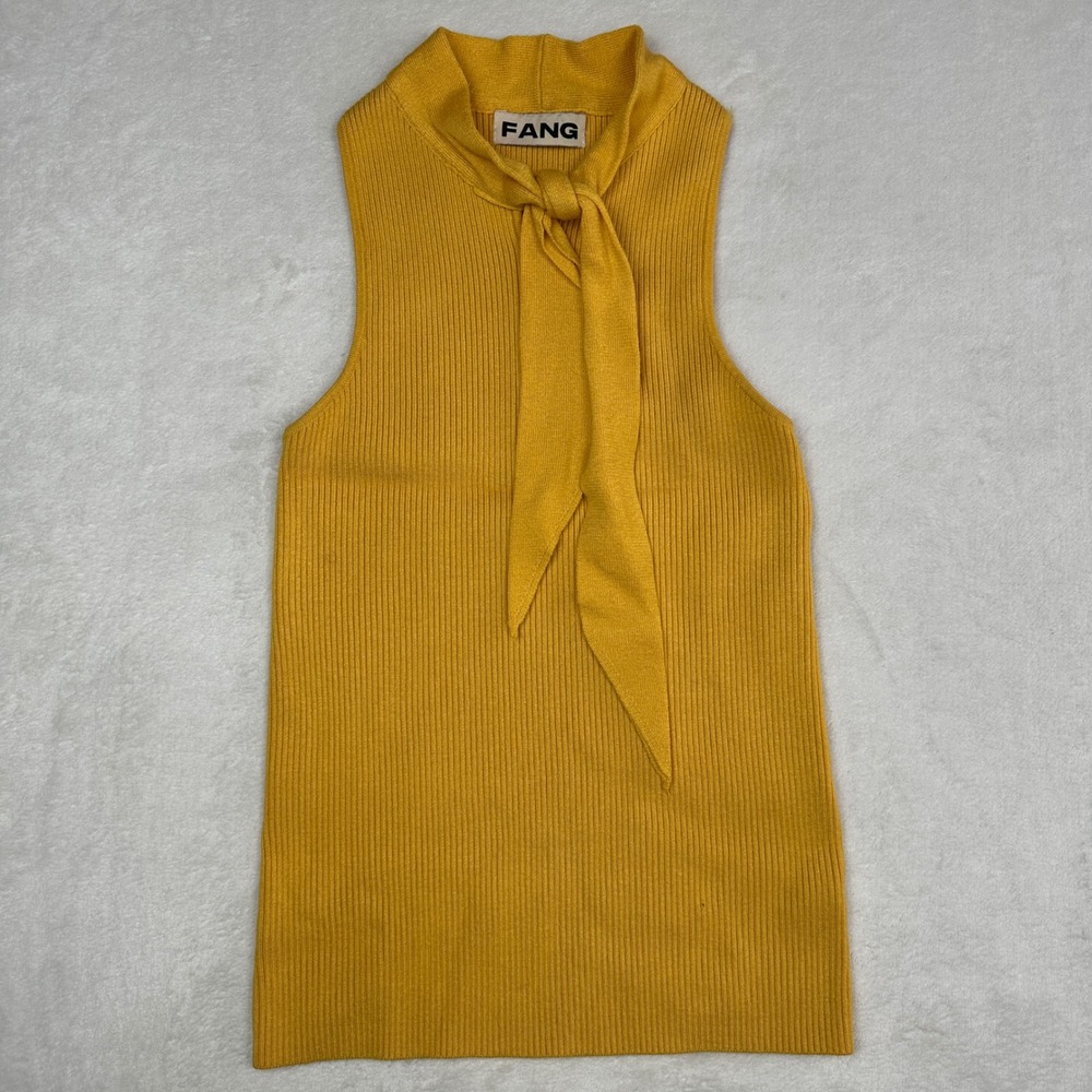 FANG Mustard Yellow Ribbed Sleeveless  Bow Tie‎ Neck Knit Top Size 1 Small